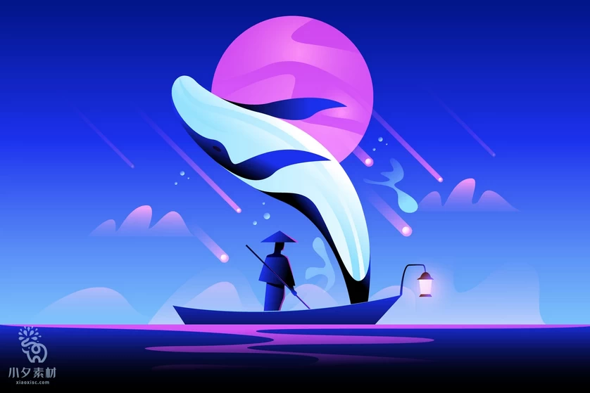唯美梦幻创意卡通人物鲸鱼海豚夜景插画背景图案AI矢量设计素材【016】